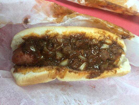 Chili Dog, no slaw. Chili is a bit dark looking, but it is very good!