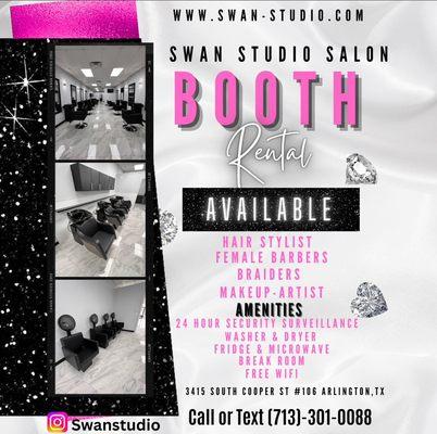 Booth rental available starting at $135 a week located at 3415 South cooper street suite 106 Arlington, Tx 76015