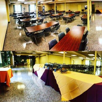 The Flaget Center Cafeteria can hold 200-225 people at round and rectangular tables.  Buffet Style serving works well in this setting.