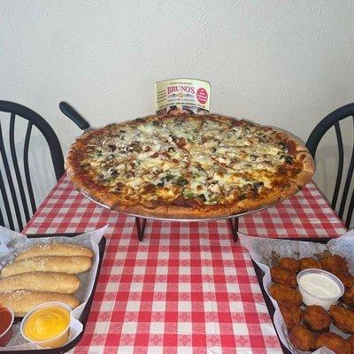 Our 18" pizza side of breadsticks and boneless wings