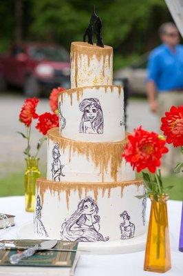 http://www.misssarascakery.com/wedding-cakes.html Hand sketched Disney Themed Wedding Cake.  Topsy Turvy with Golden Pixie Dust. Edible cake