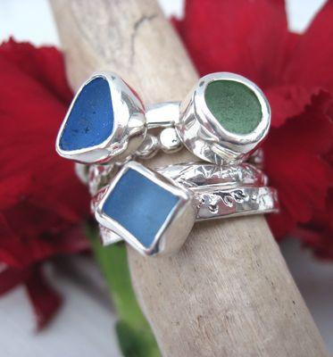 Sea glass and sterling silver stacking rings