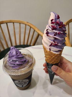 Hojicha latte with ube soft serve Rose and Ube soft serve swirl