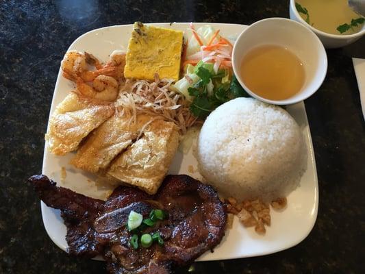 Grilled pork chop, grilled shrimp, shrimp cake, egg cake and shredded pork rice plate