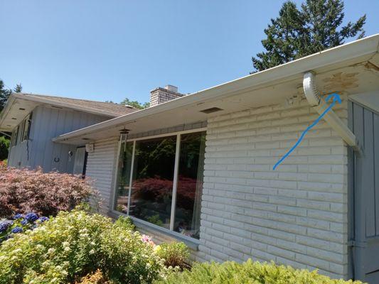 Chambers Bay House before photos.  pealing paint bad around soffits areas & mold scape, prime, 2 coats finish.             
July 2023