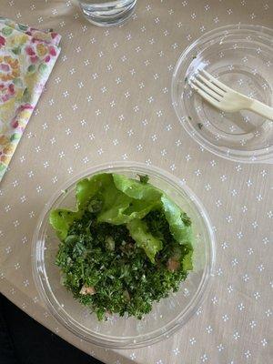 Tiny bowl of tabouleh for $8.  No taste. Dinos in the cities A+++