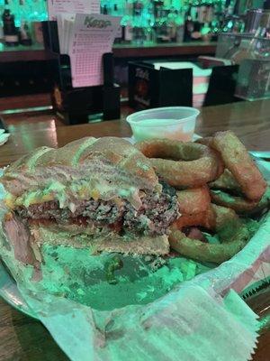 Burger and onion rings...after devouring the first half!