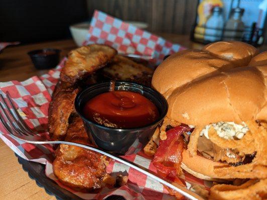 Fried Onion Blue Burger with mushrooms and fried pickles