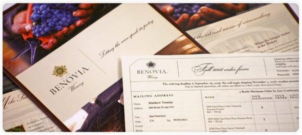 Wine offering brochure, order form, and wine notes for Santa Rosa based premium winery, Benovia.