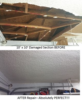 Garage Ceiling Damage.
Newly applied material appears gray and will dry white.