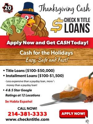 If you're in need for some extra cash for Black Friday, Cyber Monday or unexpected expenses Check N Title Loans is here for you! Call today!