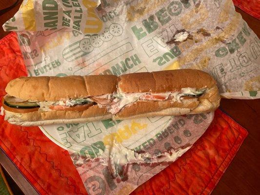 Foot-long turkey sandwich with extra mayo