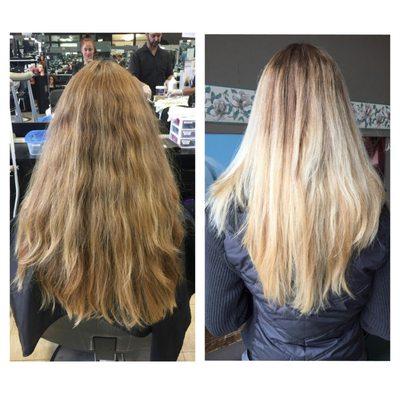 Pic on the left is before and pic on the right is after haircut and #balayage #ombre highlights done by Will and Misha.