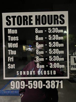 Store hours and phone number.