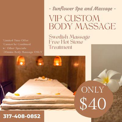 Sunflower Spa and Massage
 11813 Allisonville Rd, Fishers, IN 46038
 Call us at 317-408-0852