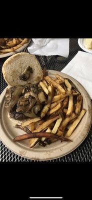 Burger with onions and mushrooms