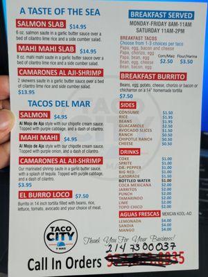 Printed menu