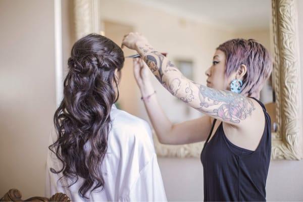 Denise doing my hair for my wedding