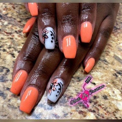 Neon Orange Coffin Dip Nails with Free Hand nail art