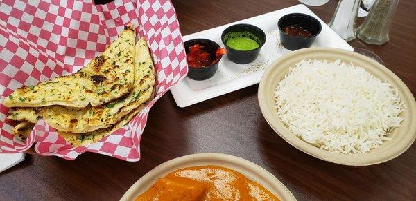 Garlic naan, rice,  & chicken tikki marsala