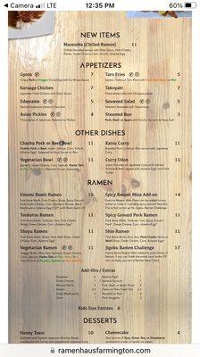 Menu, Ramen Haus 09/22