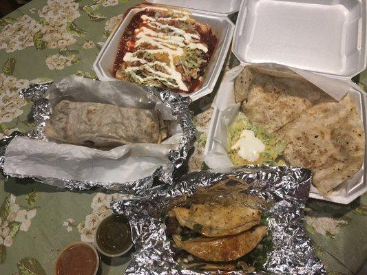 Quesadilla, enchiladas, burrito, and marinated pork tacos