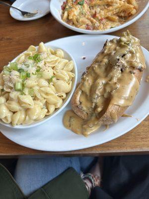 Phili cheesesteak with a side of Mac and cheese