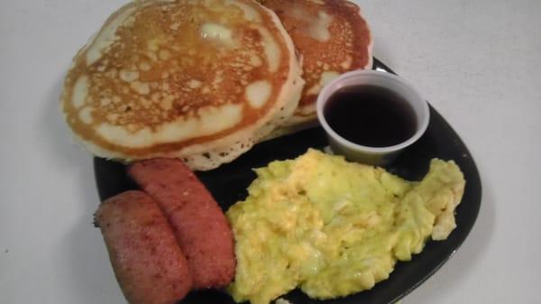 Pancakes, sausage, and eggs. :)