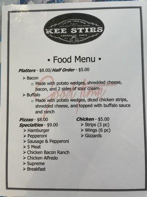 Food menu! Great bar & food options. Corn hole set up, darts, skee ball. So many things to do!