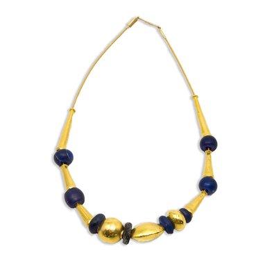 Annie Beiderman: "Cleopatra" necklace hand made 22k gold hammered beads and blue ancient Roman glass beads on a 22k gold cable wire chain.