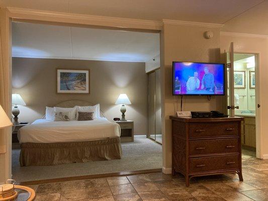 View from the living room, showing the separate bedroom, the TV, and passageway to the restroom.