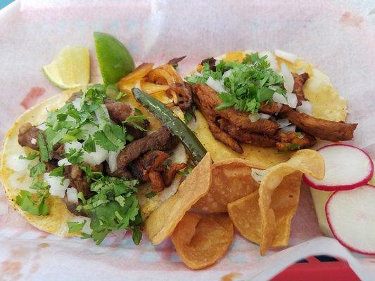 Carne asada to the left, al pastor to the right