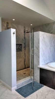 Los Angeles Bathroom Remodel - Quartz Countertops, Glass, metallic finish porcelain, and marble tile