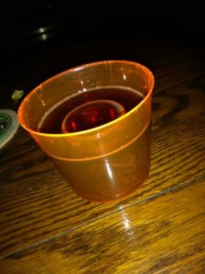 Ugly plastic cup but, pretty tasty Jäger bomb.