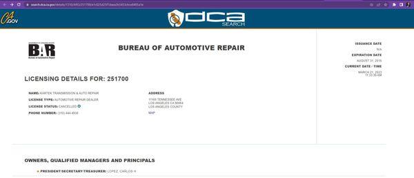 Expired license listed at ca.gov