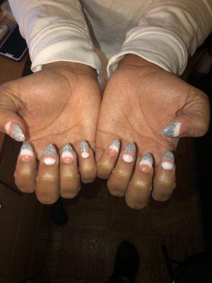 Dip powder almond shape nails using  white and Glitter  My play on peach by Cee Cee she never disappoints! 3/5/2019