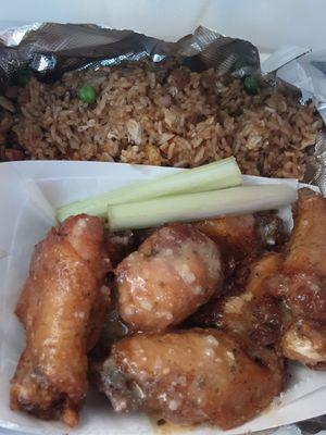 6pc Garlic Parmesan Wings & Sausage Fried Rice  (Deeeeelicious. Rice is flavorful & better than going to a Chinese restaurant)