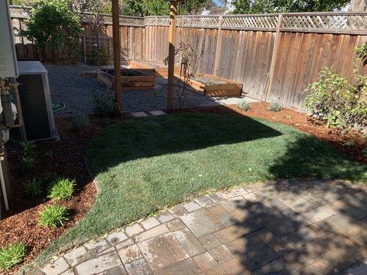 Back yard landscaped with vegetable planter boxes