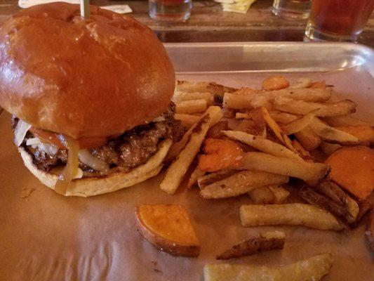 The Bricks Burger and 50/50 fries.