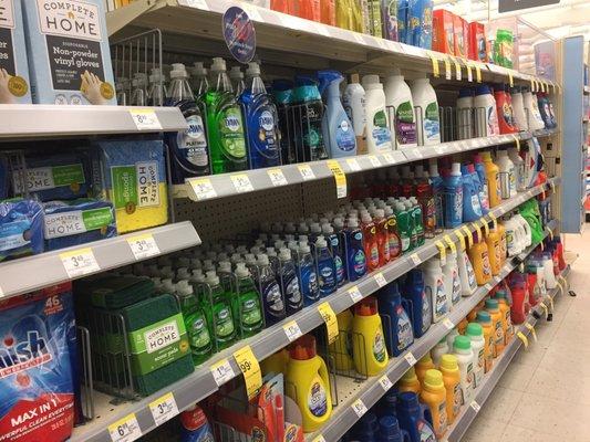 Shelves are well maintained with cleaning supplies!