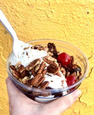 Hot fudge, salted pecans, and a cherry (or two) on top of the vanilla custard base... a perfect Friday night treat!