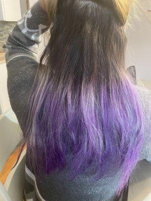 Roots were left as they were, purple color was not properly applied, hair not saturated enough to dye the hair.