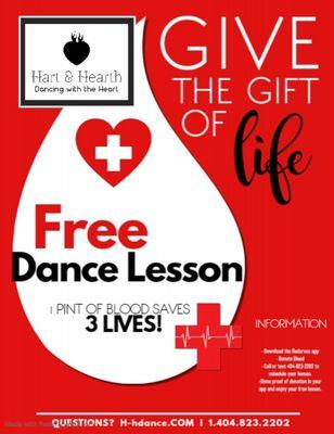 Donate to redcross and get a free dance lesson. Call or text 404-823-2202 to schedule.