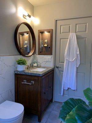 Guest bath remodel - custom medicine cabinet turned lighted display