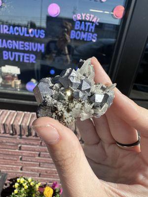 Unique specimen. 
Clear quartz points ,hematite hexagonal formations on a pyrite matrix