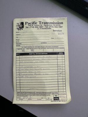 Invoice from Pacific Transmission.