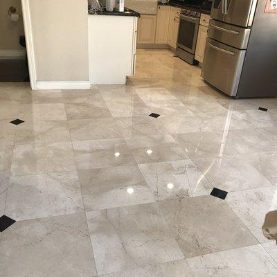 Marble floors heavy traffic kitchen area after removing scratches and lippage and polishing