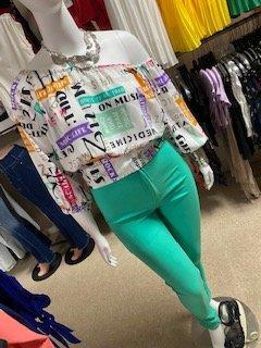 PLUS Multi Print Off Shoulder Waist Tie Top, High Waist Mint Color Skinny Pants!