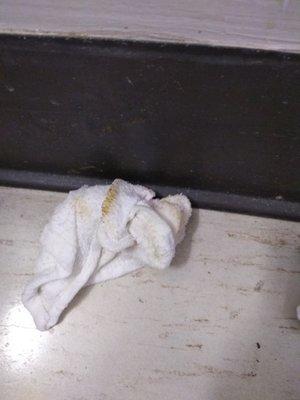 Feces covered wash cloth left on the bathroom floor.