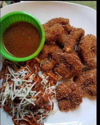 Fried shrimp &sweet potato waffle fries